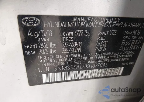 2019 Hyundai Santa Fe Limited z USA, uszkodzony, nr VIN 5NMS53AD1KH027045